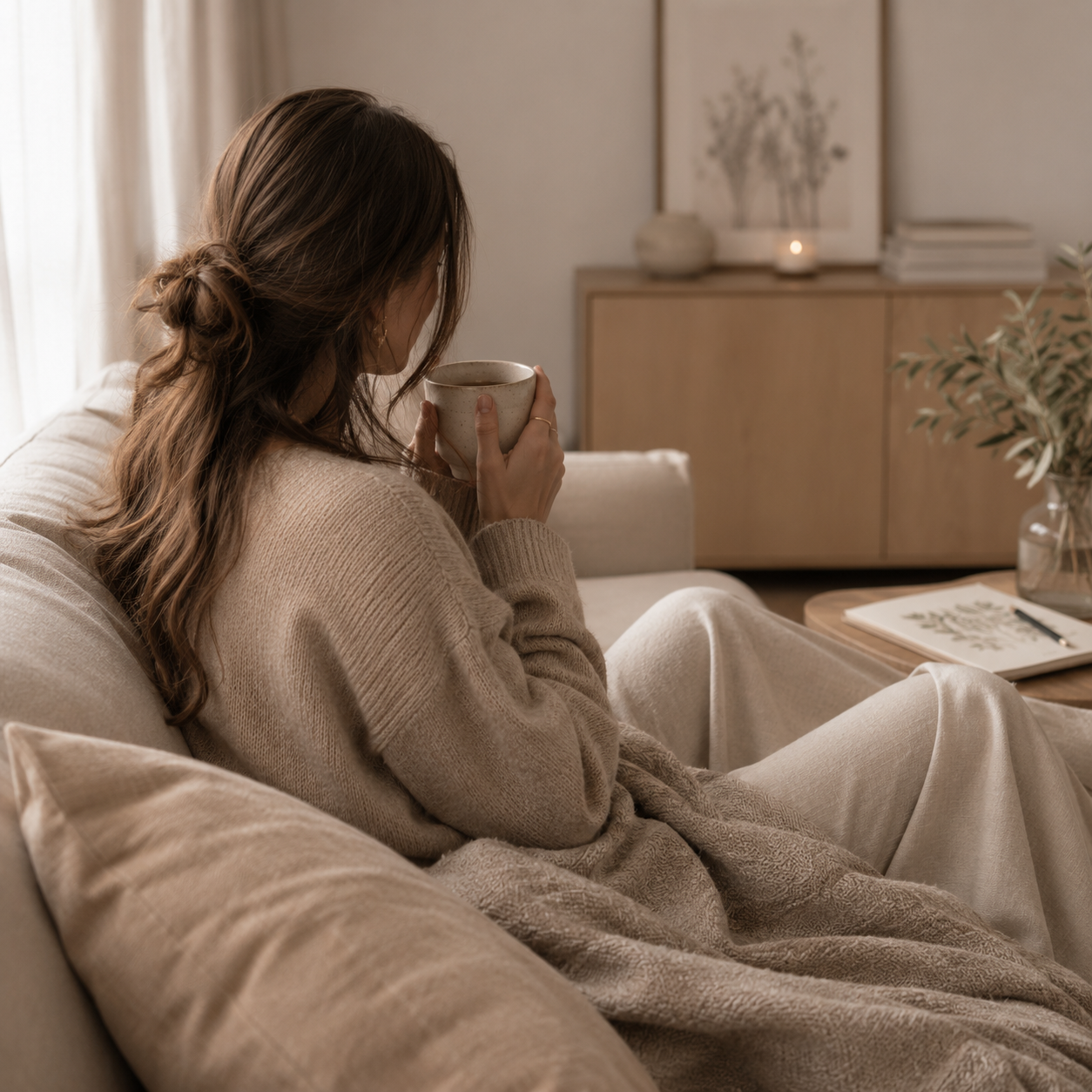 Enjoying a cup of coffee on the couch