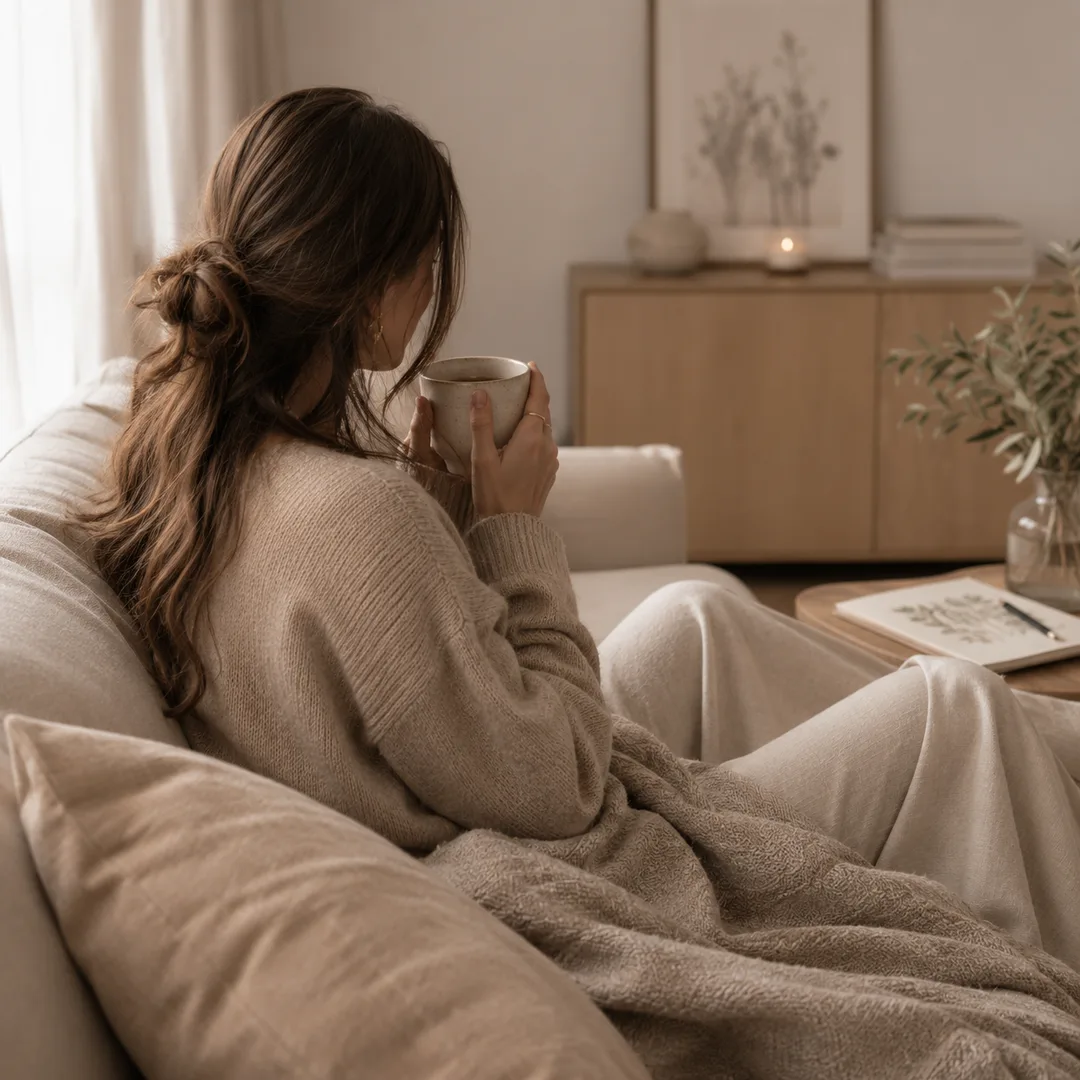 Enjoying a cup of coffee on the couch